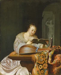 Et interiør med en kvinne som leser musikk ved et delvis drapert bord med en dobbelthodelutt, 1671