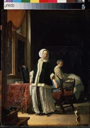 Morgenen til en ung kvinne. (En ung dames morgen). En kvinne og hushjelpen hennes observerer en hund som piskes. Maleri av Frans van Mieris de Oudere kjent som Frans Mieris den eldste eller den eldste (1635-1681), ca. 1660. Olje på tre. Nederlandsk kunst, 