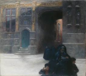 Forgylte hus i Brugge (olje på lerret)