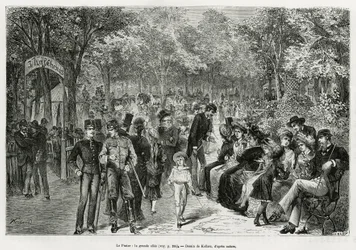 Prater: den store gangveien. Gravering av Kollarz, for å illustrere historien Wien og dens forsteder, av M. Newlinski, i 1881, publisert i Tour du monde, under ledelse av Edouard Charton (1807-1890)