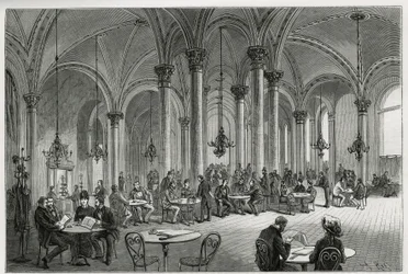 Den sentrale kafeen i Wien (Østerrike). Gravering av Kollarz, for å illustrere historien Wien og dens forsteder, av M. Newlinski, i 1881, publisert i Tour du monde, under ledelse av Edouard Charton (1807-1890)