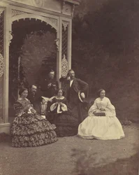 [Portrett av tre kvinner og menn i en hage], 1850-60-tallet.