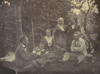 [Tre kvinner, to menn og et barn på piknik], 1850-60-tallet.