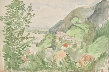 Elvelandskap i fjellet med et slott