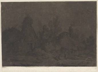 Måneskinnsscene med figurer foran en hytte XII Vues de la Normandie (serietittel)