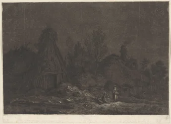 Måneskinnsscene med figurer foran en hytte XII Vues de la Normandie (serietittel)