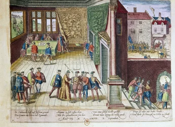 Arrestasjon av Lamoral, grev av Egmont (1522–1568) og Philippe de Montmorency (1524–1568), grev av Hornes (Hoorn) for deres standpunkt mot kong Filip II av Spania (1527–1598). De vil bli henrettet i 1568 (øverst til høyre) 1653 Trykk av F