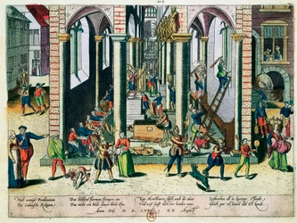Ødeleggelse av relikvier og statuer i kirker, april 1566 (farget gravering)