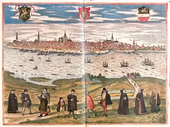 Generell utsikt over Rostock, Tyskland (gravering