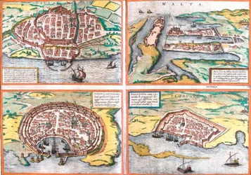 Plan av Cagliari (Calaris), Sardinia (Italia), Malta (Malta), Rhodos (Rhodes) og Famagusta (Famaugusta), Kypros (etsing