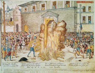 Religionskrig: henrettelse av den franske protestantiske sorenskriveren Anne du Bourg (1521-1559) 23.12.1559 på Place de Greve i Paris"