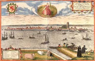 Utsikt over Dordrecht (Dordracum), Nederland (radering
