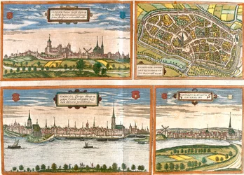 Utsikt og planer av Cleves (Cliviam), Duisburg (Duisburgum), Emmerich am Rhein (Embrica) i Tyskland og Genappe i Belgia (radering
