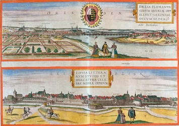 Utsikt over Dresden (Dresa) og Leipzig (Lipsia), Tyskland (radering