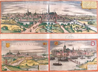 Utsikt over Groningen (Groeninga), Brouwershaven (Broversavia) og Gorinchem (Goricum), i Nederland (etsing