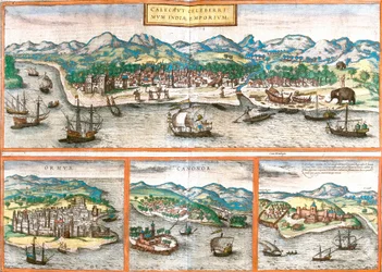 Utsikt over Kozhikode eller Calicut (India), Ormuz (Iran), Cannanore eller Kannur (India) og St. George of the Mine (S. George) eller Elmina (Ghana) (etsing