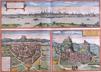 Utsikt over Mainz (Moguntia), Würzburg, Tyskland og Sion (Sedunum) i Sveits (radering