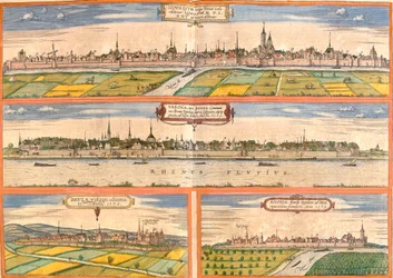 Utsikt over Neuss (Novesium), Bonn (Verona), Bruhl (Brula) og Zons (Sontina), Tyskland (etsing