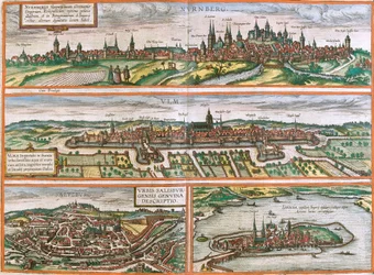 Utsikt over Nürnberg (Nurnberga), Ulm (Ulma), Lindau (Lindola), Tyskland og Salzburg (Salisburgensis) i Østerrike (radering