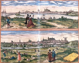 Utsikt over Orleans et Bourges, Frankrike (etsing