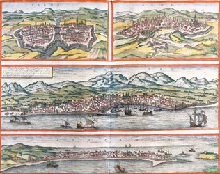 Utsikt over Parma (Parma), Siena (Sena), Palermo (Panhormus) og Trapani (Drepanum) (Sicilia), Italia (etsing