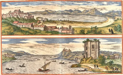 Utsikt over Pozzoli (Puteoli) og bukter (Baiae) (dagens Baia), Italia, med de eldgamle restene av de termiske badene i Napolibukta og en festning (etsing