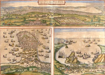 Utsikt over Tunis (Tunes) og Mahdia (Aphrodisium) i Tunisia, og Penon de Velez de la Gomera eller Badis (Bades) (Penon de Veles), penon de Veles, omstridt mellom Spania og Marokko (etsing).