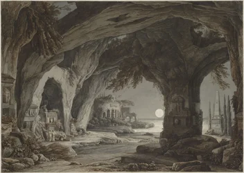 Ideelt landskap med steingrotte, graver og ruiner i måneskinnet, ca. 1790.