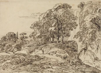 Pastoralt landskap med en foss og et tempel