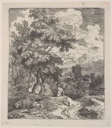 Plate 3: en gjeter som sitter på en høyde, en ku og to sauer til venstre, og en by i ri..., ca. 1700-25.