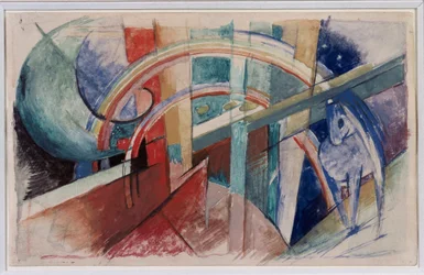 Blå hest og regnbue tegning i blyant og akvarell av Franz Marc