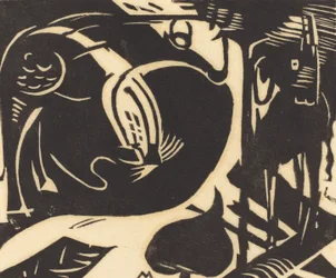 To mytiske dyr (Zwei Fabeltiere), 1914 (tresnitt i svart på japansk papir)