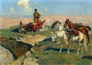 Stoppet til de kaukasiske krigerne - Maleri av Franz Roubaud (1856-1928)