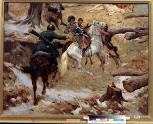 Dødsfallet til generalkommandør Nikolai Sleptsov (1815-1851) drept av tsjetsjenere i kamp 10. desember 1851 under Kaukasus-krigen (erobringen av Kaukasus) i Tsjetsjenia. (Død av generalmajor Nikolay Sleptsov på en kamp i Tsjetsjenia på