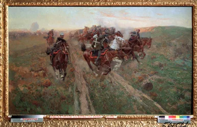 Scene fra slaget ved Kuryuk Dara i juli 1854. Maleri av Franz Roubaud (1856-1928). Olje på lerret