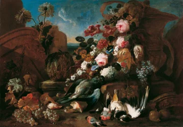 Stilleben med blomster, døde fugler og ruiner
