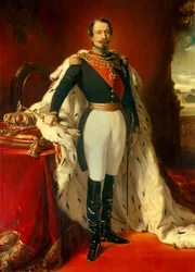 Portrett av Napoleon III (1808-1873), keiser av franskmennene foran utsikt over Chateau de Saint Cloud. Maleri av Franz Xaver Winterhalter (1806-1873) 1855 Søn. 2,4x1,5 m