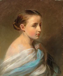 Portrett av en jente, hode og skuldre, drapert i en blå og hvit omslag, ca. 1850