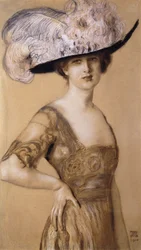 Portrett av en dame iført en fjærhatt, 1910