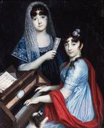 To unge damer ved pianoforte (akvarell og gouache på elfenben)