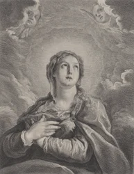 Jomfruen, hendene foldet på brystet, ser oppover, 1729-40.