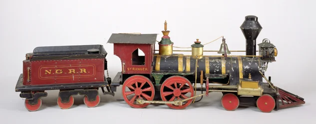 Jernbanemotor og tender modell, 1877 (tre og metall)