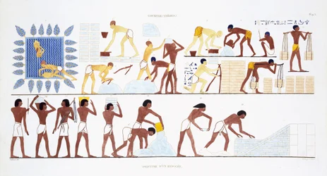 Brick-Making, fra en sjelden registrering av fresker fra Theben, registrert 1819-1822 på sitt andre besøk i Egypt av Frederic Cailliaud (1787-1869), farge litho