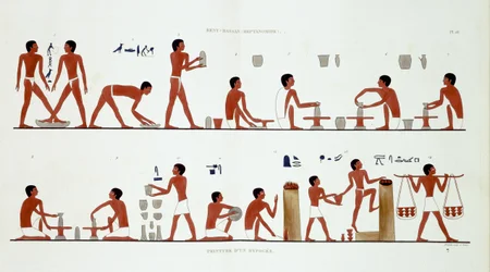 Potters at Work, fra en sjelden registrering av fresker fra Theben, registrert 1819-1822 på sitt andre besøk i Egypt av Frederic Cailliaud (1787-1869), farge litho