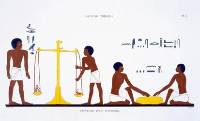 Rituals of Death (emne uklart), fra en sjelden registrering av fresker fra Theben, registrert 1819-1822 på sitt andre besøk i Egypt av Frederic Cailliaud (1787-1869) (farge litho)