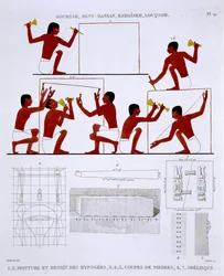 Stonehoggers at Work, fra en sjelden registrering av fresker fra Theben, registrert 1819-1822 på sitt andre besøk i Egypt av Frederic Cailliaud (1787-1869), farge litho