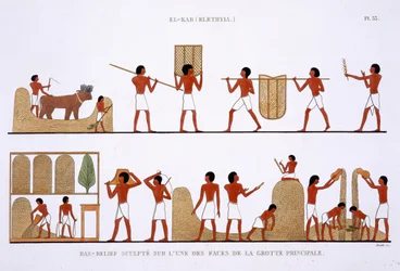 Transport, lagring og registrering av lagrene av korn, fra en sjelden registrering av fresker fra Theben, registrert 1819-1822 på sitt andre besøk i Egypt av Frederic Cailliaud (1787-1869), farge litho