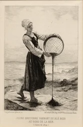 A Young Bretonne Winnowing Buckwheat at the Seaside, gravert av Cadart i 1874 (trykk)