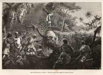 Abd es Samate, venn og løytnant av Mounza, kongen av Mombuttous, utfordrer fiendene sine Zandes (eller niam niam) som erklærte krig til dem, gravering etter tegningen av Laguillermie, som illustrerer en reise til hjertet av Afrika, i 1868- 1871, av