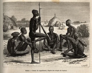 Dinkas fra landsbyen Koudj (Senegal), hvis kropp er dekket med aske, for å beskytte dem mot insekter og parasitter, er også et kosmetisk og sosialt trekk, gravert etter Laguillermies tegning, og illustrerer reisen til hjertet av Afrika i 1868-1871